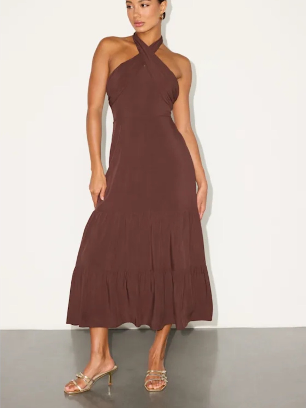 Lulu's Chocolate Brown Cross-Neck Maxi Dress